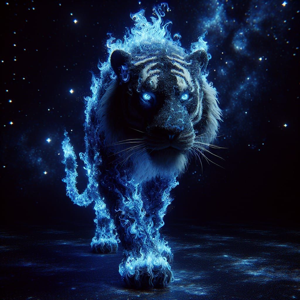 Blue Flame Tiger in Galactic Darkness