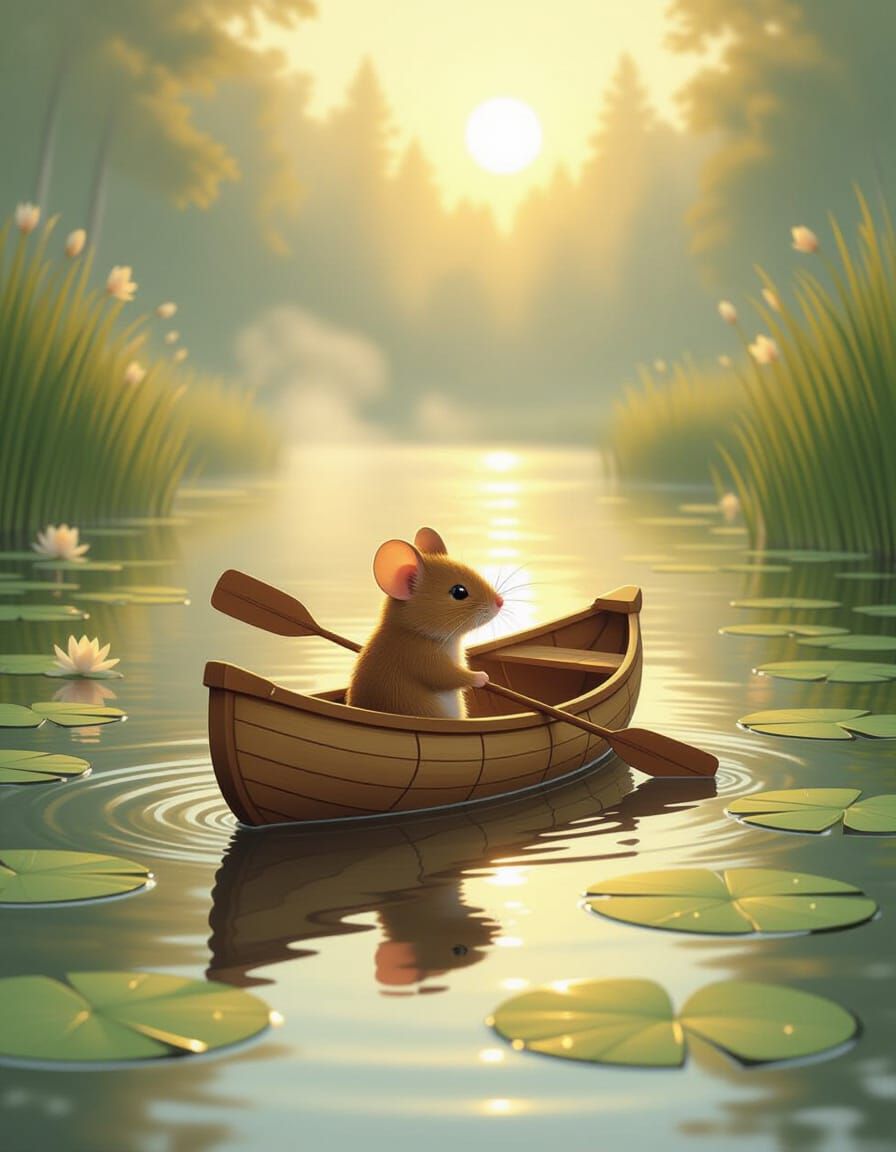 Mouse Paddles Canoe at Dawn in Whimsical Style