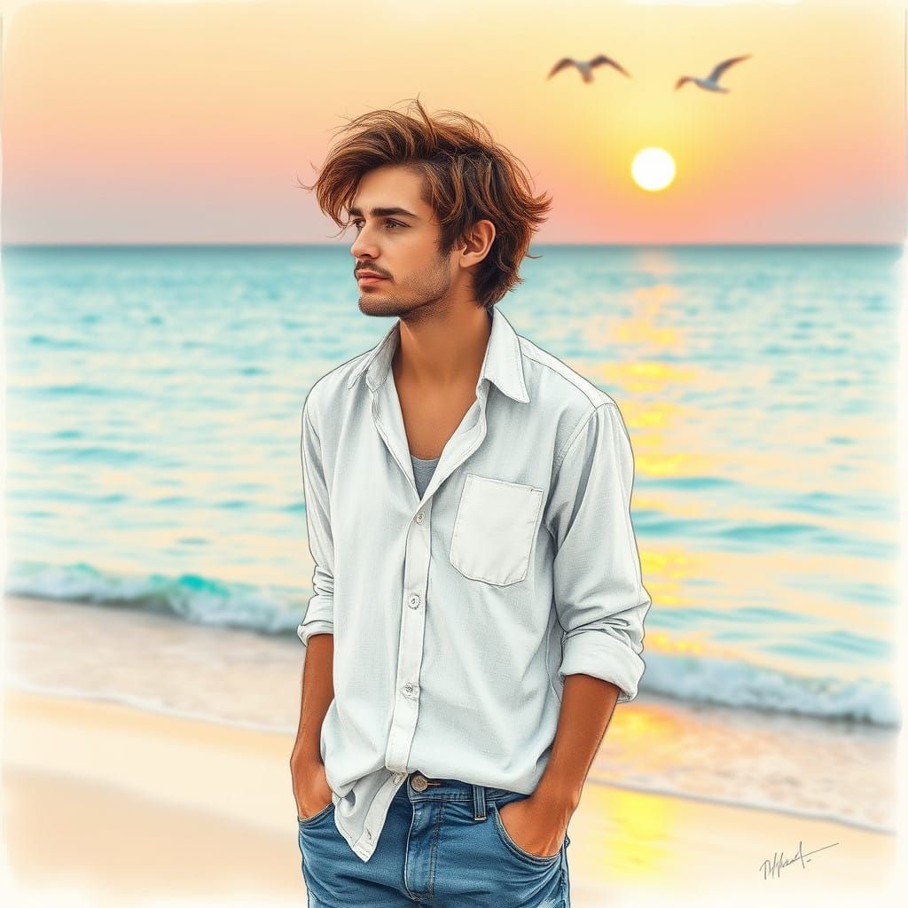 Contemplative Beachcomber in Delicate Pencil Sketch