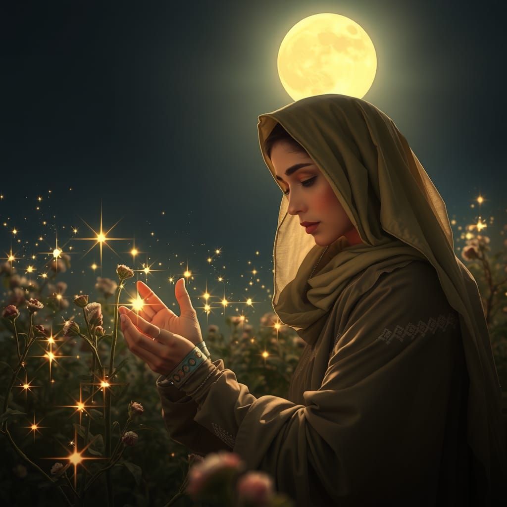 A portrayal of a 'Moonlight Gardener', a middle-eastern woma...