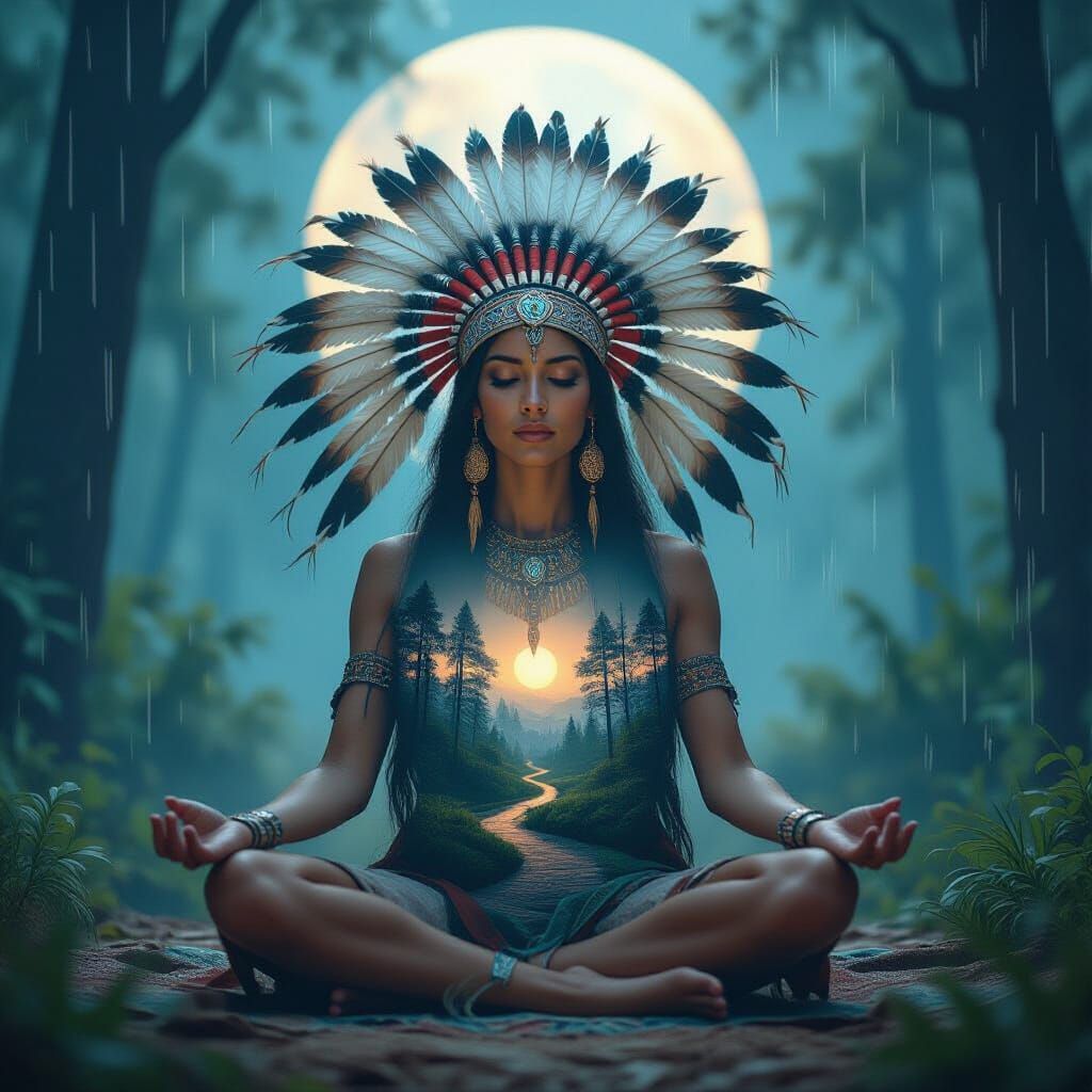 Mystical Native Forest Spirit in Meditation with Feathered H...