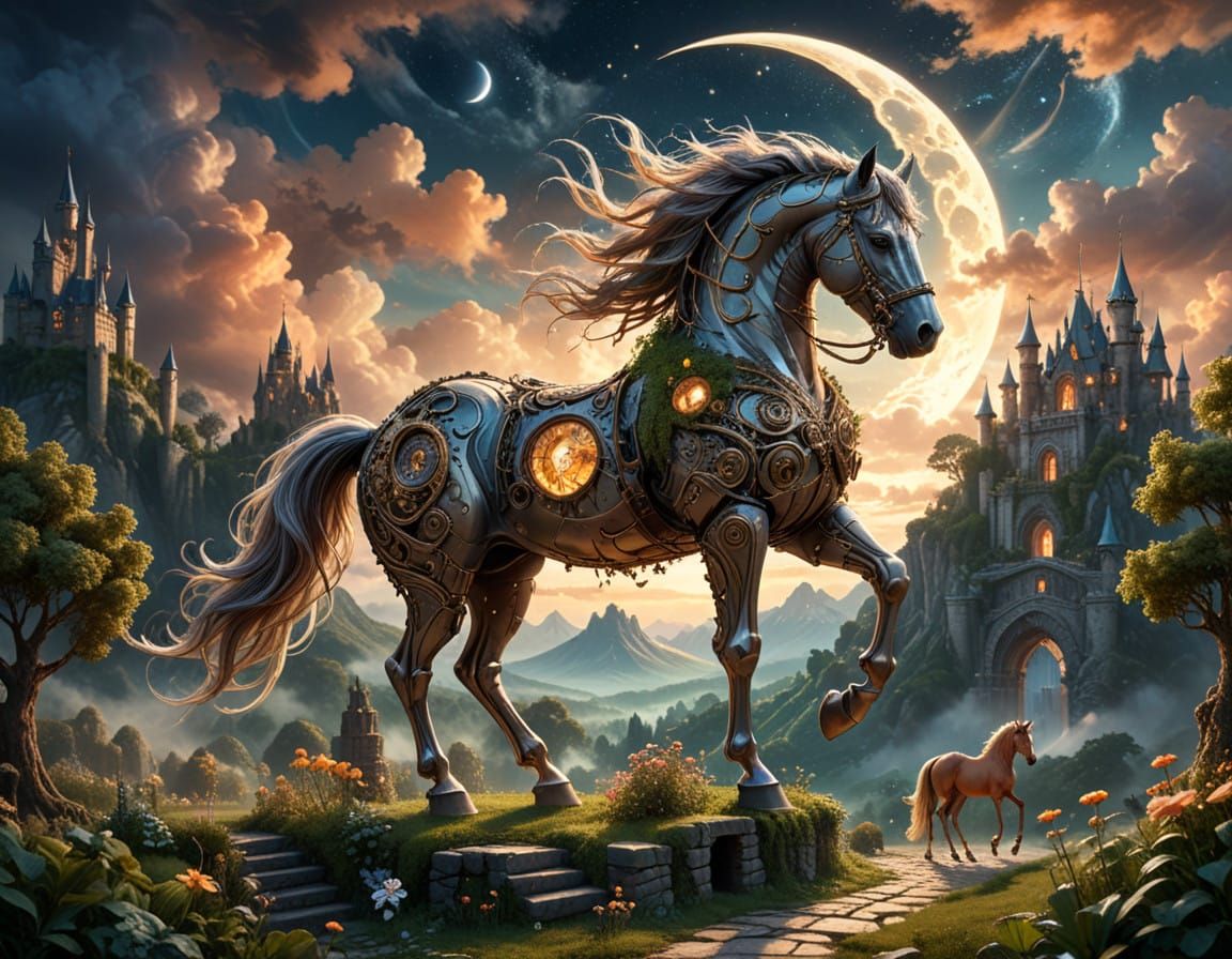 Gigantic Stone Horse with Multi-Layered Castle and Steampunk...