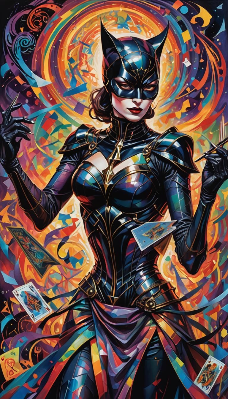 Catwoman Death Tarot Card in Cubist Style
