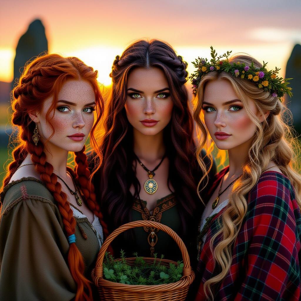 Three Celtic Witches at Sunrise Amid Standing Stones