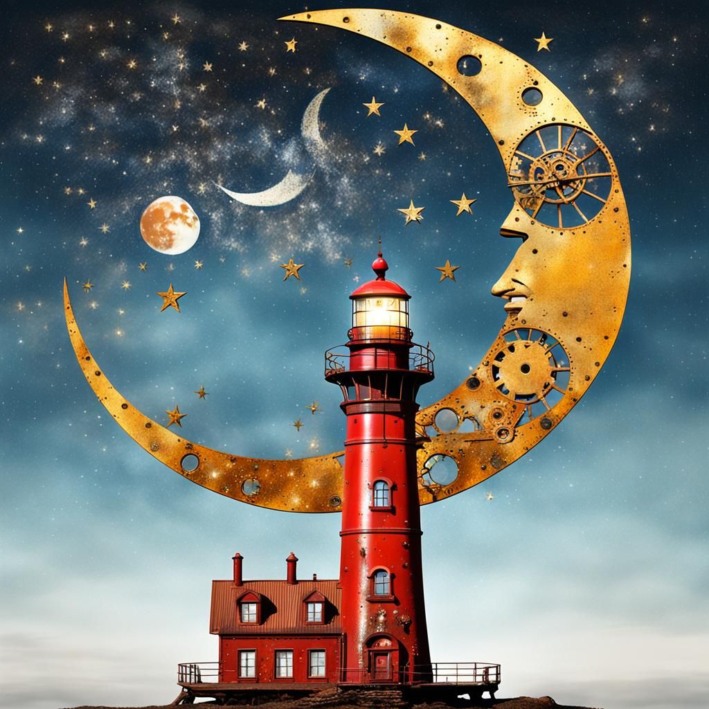 Steampunk Moon and Lighthouse in Watercolor