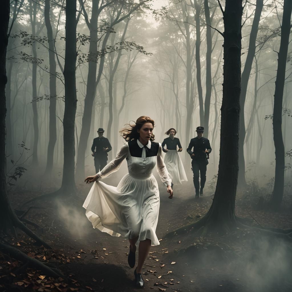 Film Noir: Woman Escapes Through Misty Forest