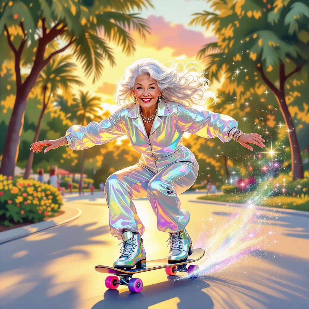 Elderly Woman Skateboarding in Beachside Park, Watercolor St...