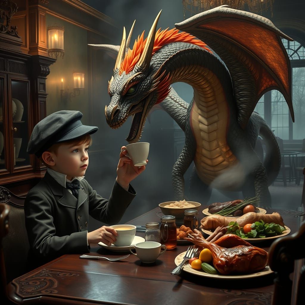 Young Boy Sits with Majestic Dragon in Foggy London Cafe