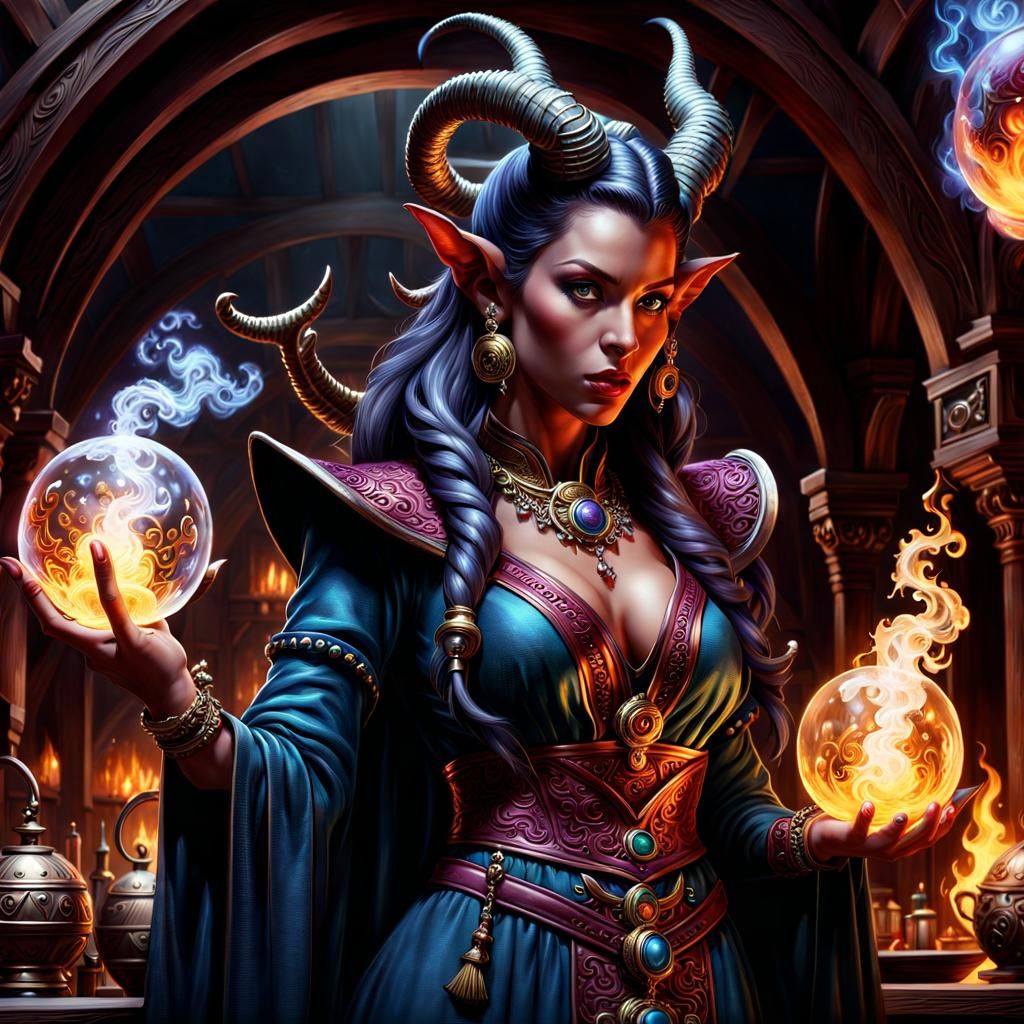 Tiefling Sorceress Conjuring Fuming Spheres