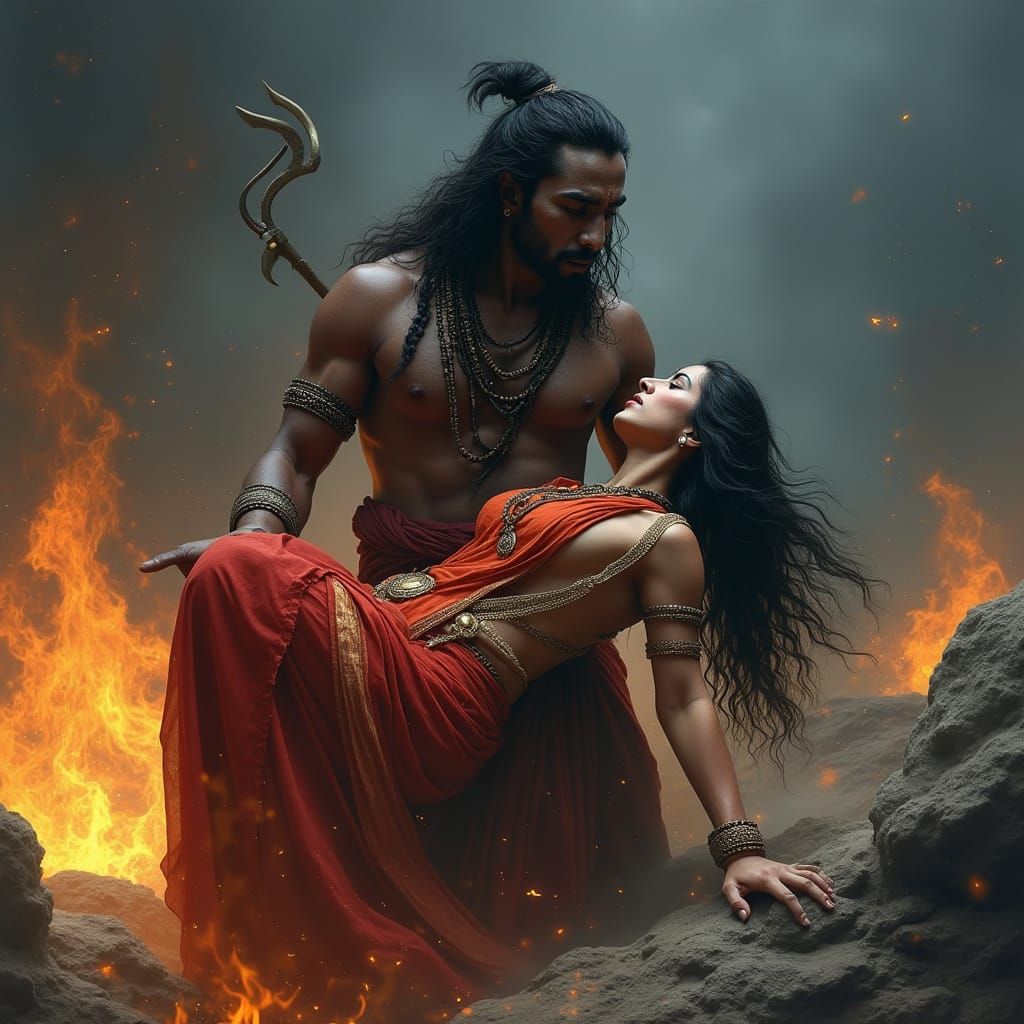 Sorrowful Shiva Bears Lifeless Parvati in Traditional Indian...