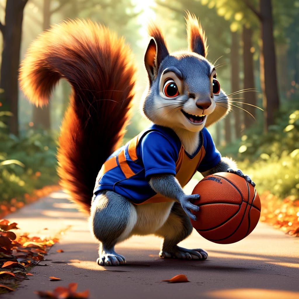 Pixar of a determined squirrel wearing a basketball jersey d...