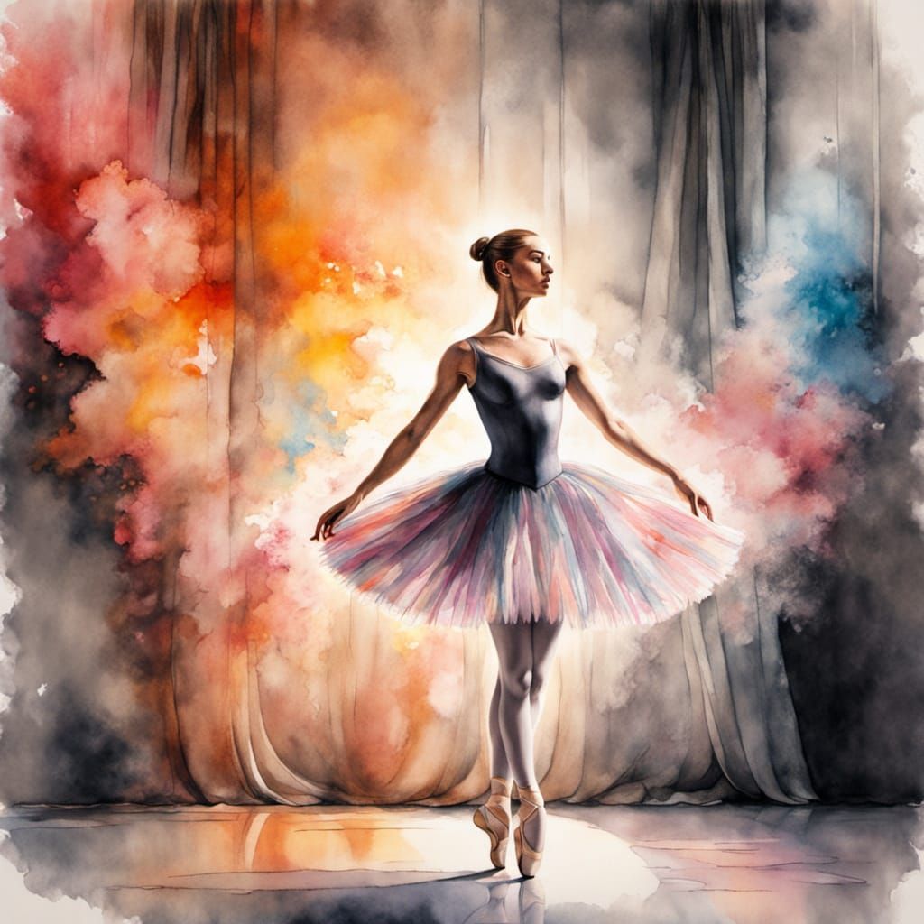 Ballerina on Stage in Hyperrealistic Watercolor