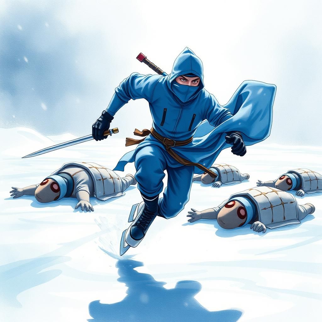 Sky blue clothe ninja ice skater is slicing of heads with th...