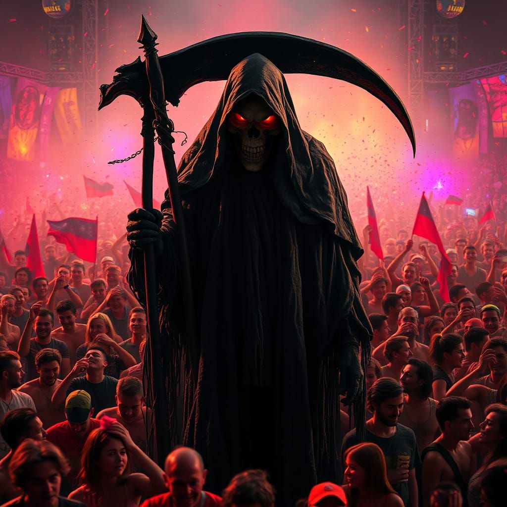 Grim Reaper Among Joyful Crowd in Dark Fantasy Style