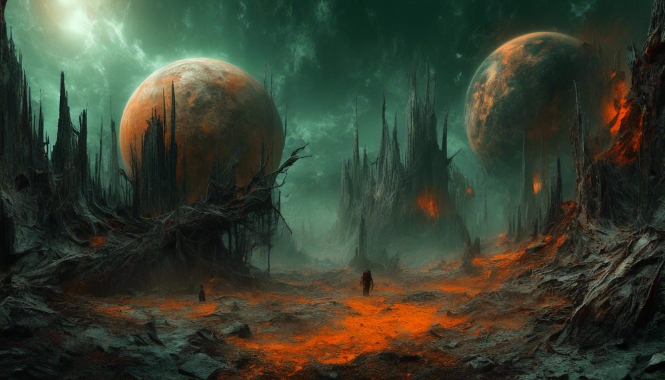 Exoplanet Spaceship Junkyard in Macabre Horror Style
