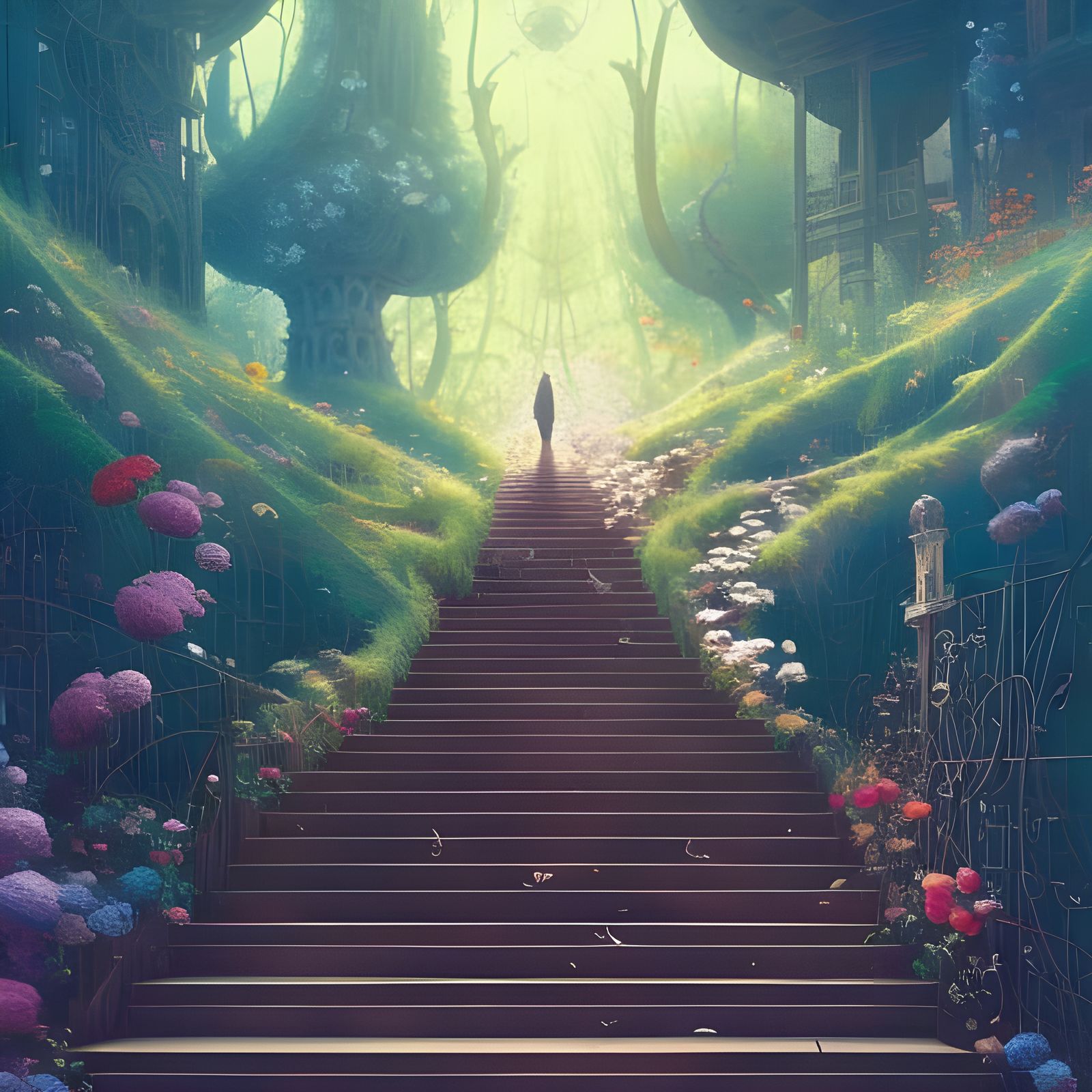 Heavenly Staircase in Whimsical Digital Illustration