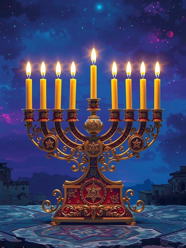 Ethereal Hanukkah Menorah Illuminated by Sunset in Jerusalem...