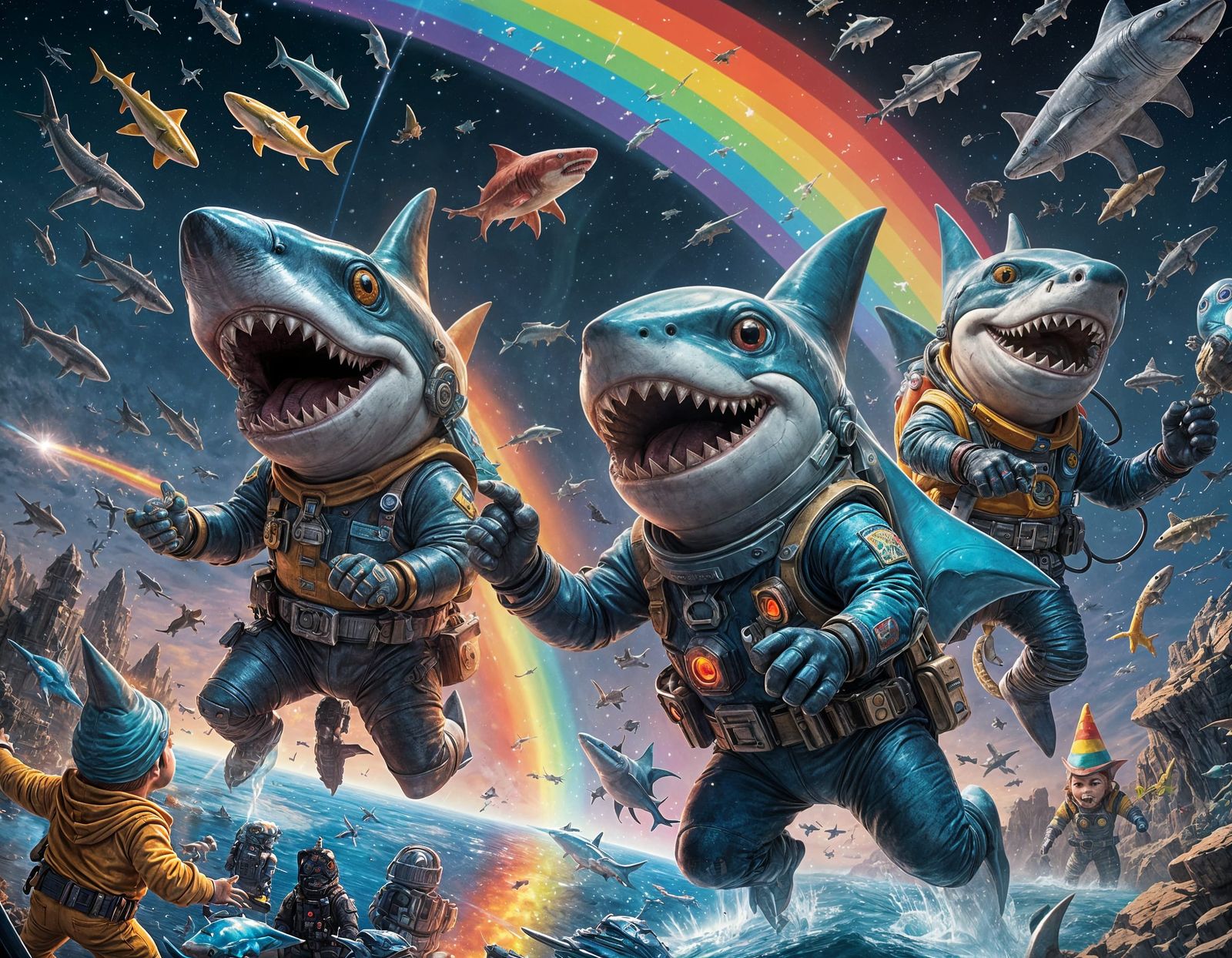 Cyborg sharks fighting rainbow gnomes in space