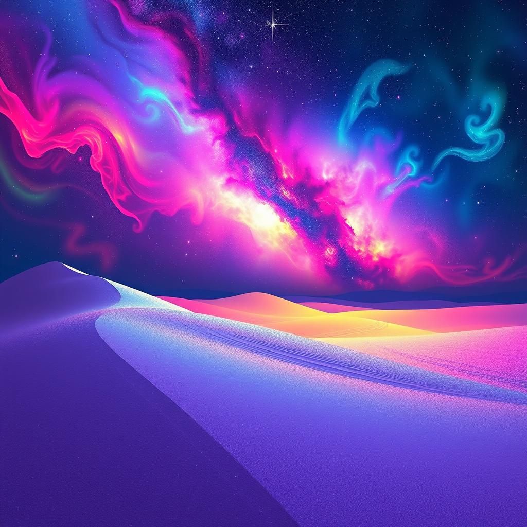 Iridescent Desert Under a Neon Aurora