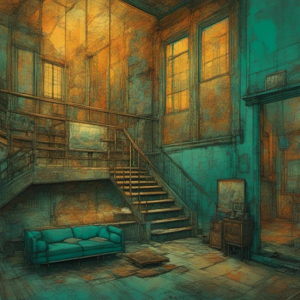 Psychedelic Romanesque Seascape in Orange and Teal