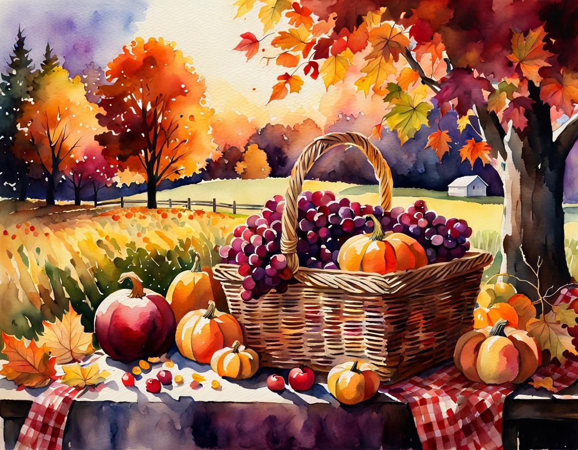 Watercolor Fall Harvest Picnic with Autumn Leaves
