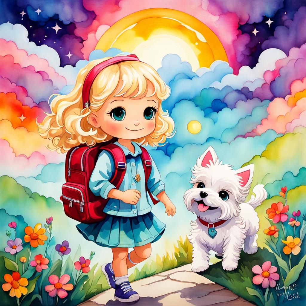 Chibi Girl's First Day: A Whimsical Gouache Illustration