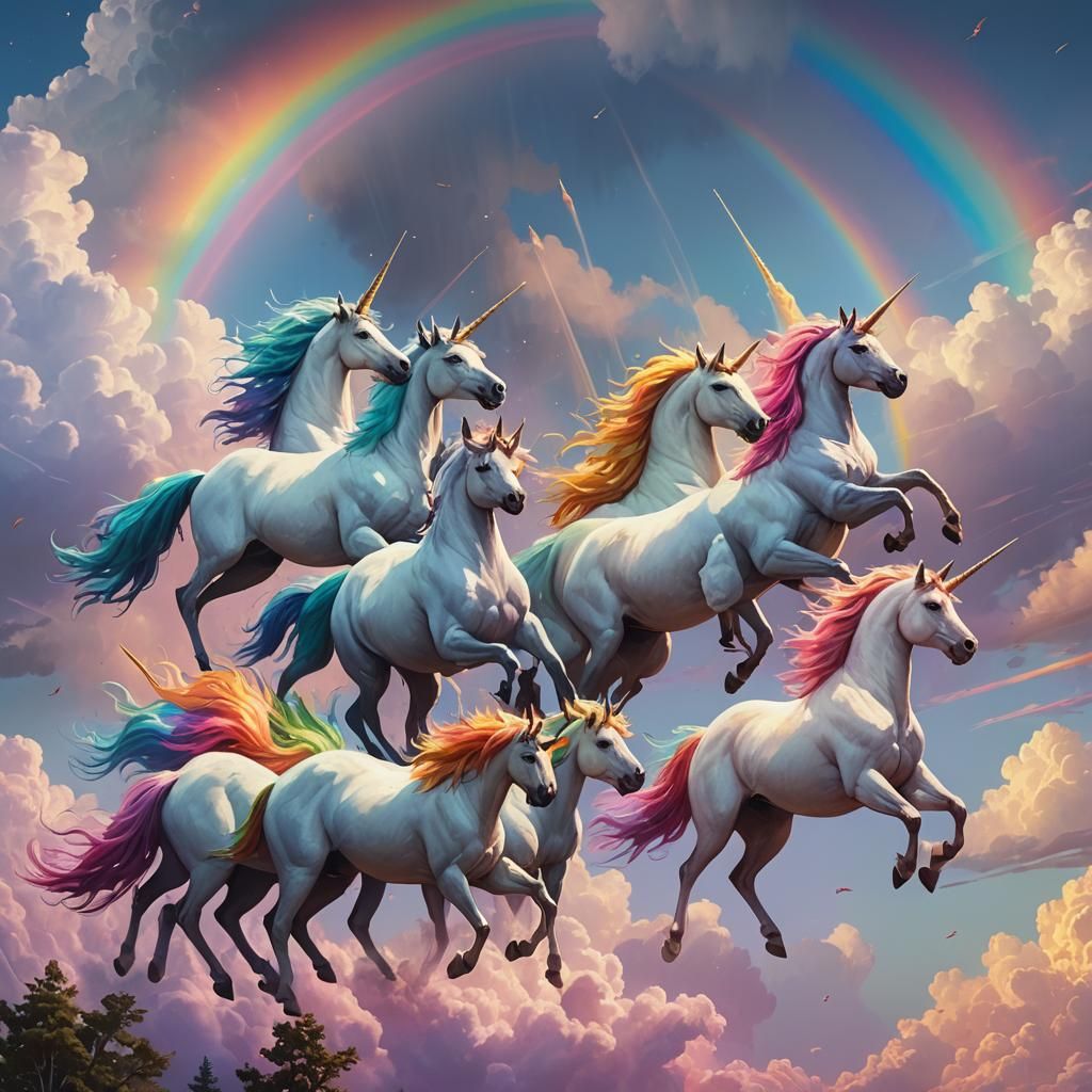 Unicorns Flying in Rainbow Sky: Fantasy Concept Art