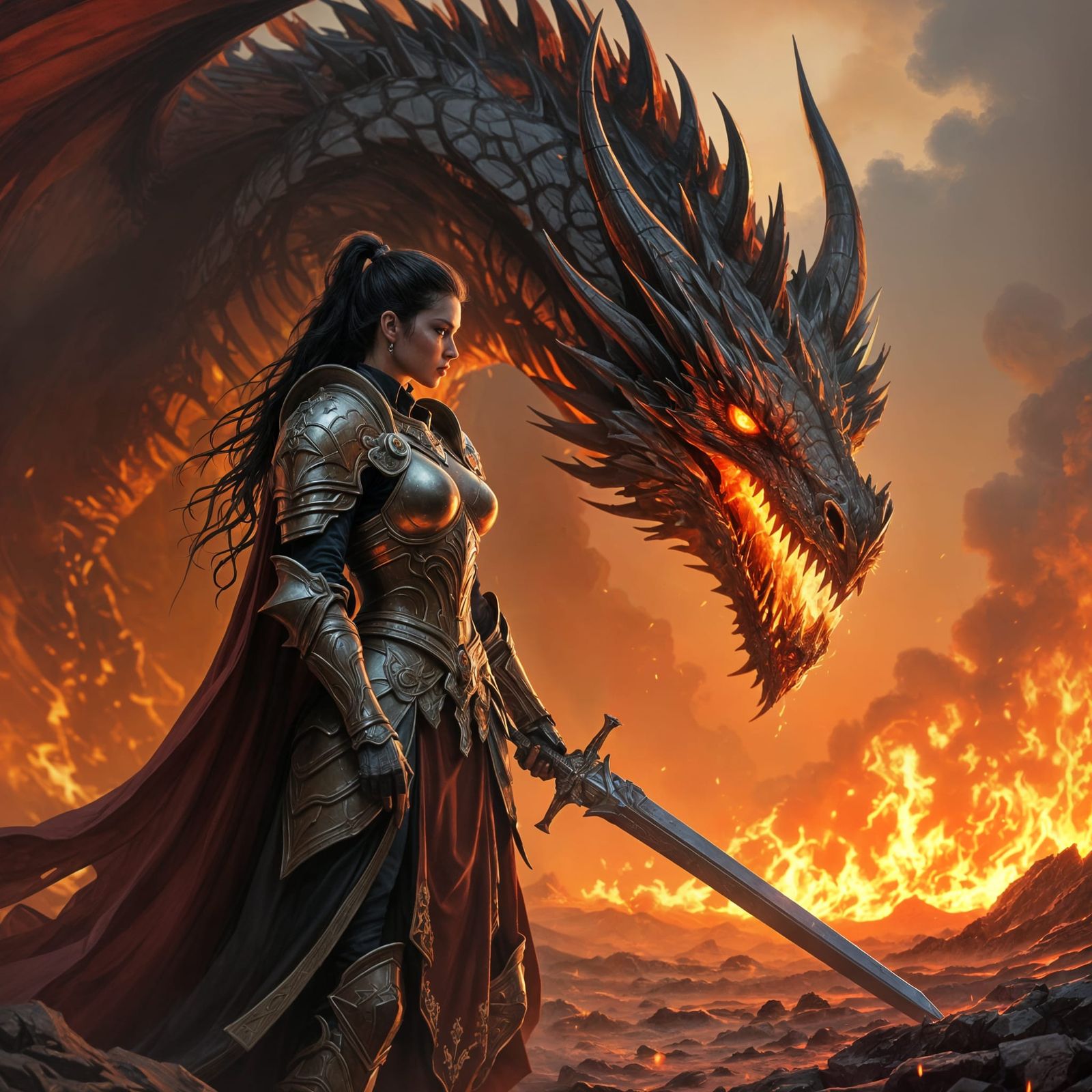 Female Knight Confronts Fiery Dragon in Dark Fantasy