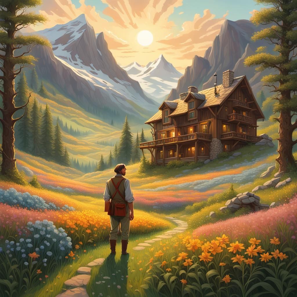 Hunter in Mountain Meadow at Golden Hour