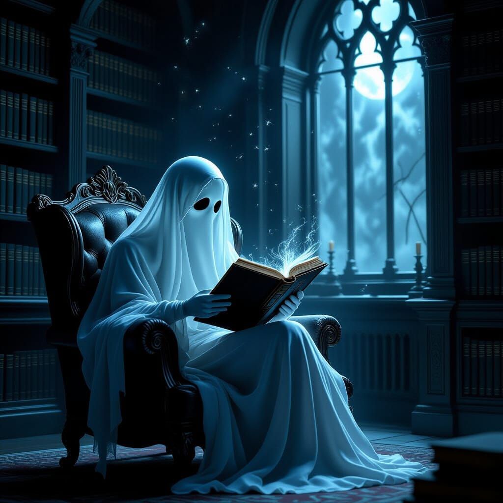 Ethereal Ghost Reads in Moody Gothic Library