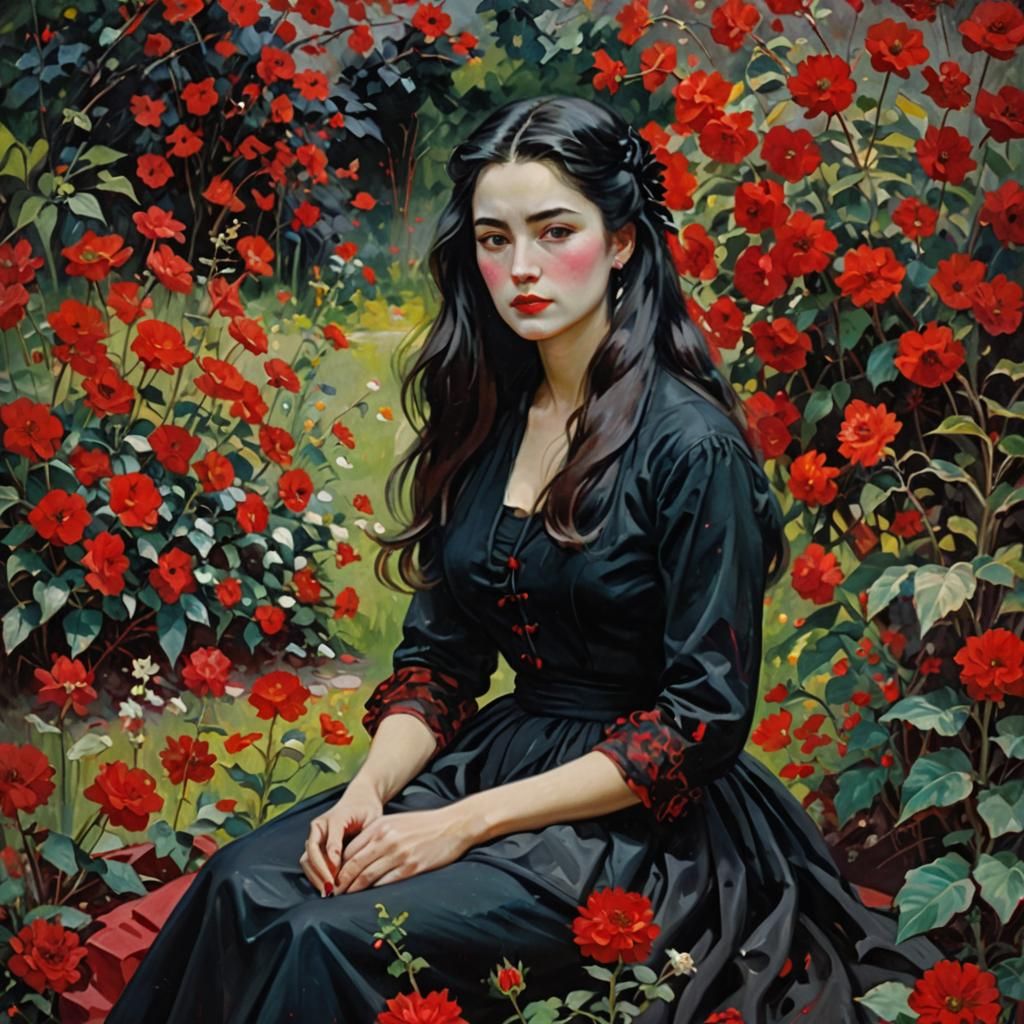 Woman in Red Garden, Royo and Kandinsky Style