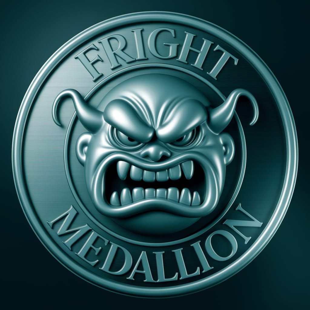 3d eye-level shot of a large, art nouveau medal featuring a stylized design of an angry evil cartoon MONSTER face, embos...