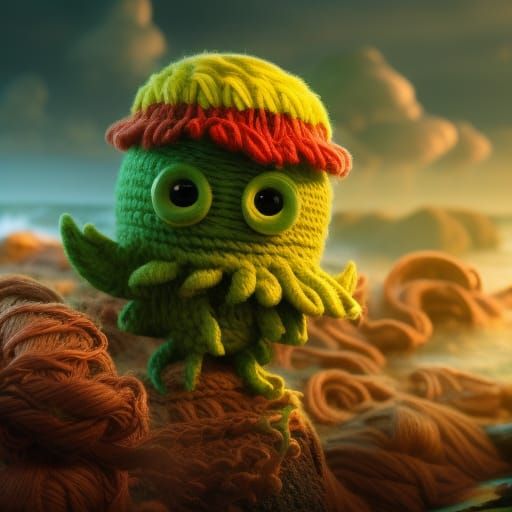 Yarn Cthulhu Rises from Stormy Sea: 3D Digital Art