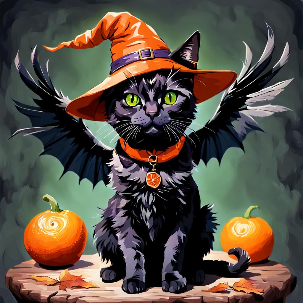 Halloween Cat in Witch Costume with Wings