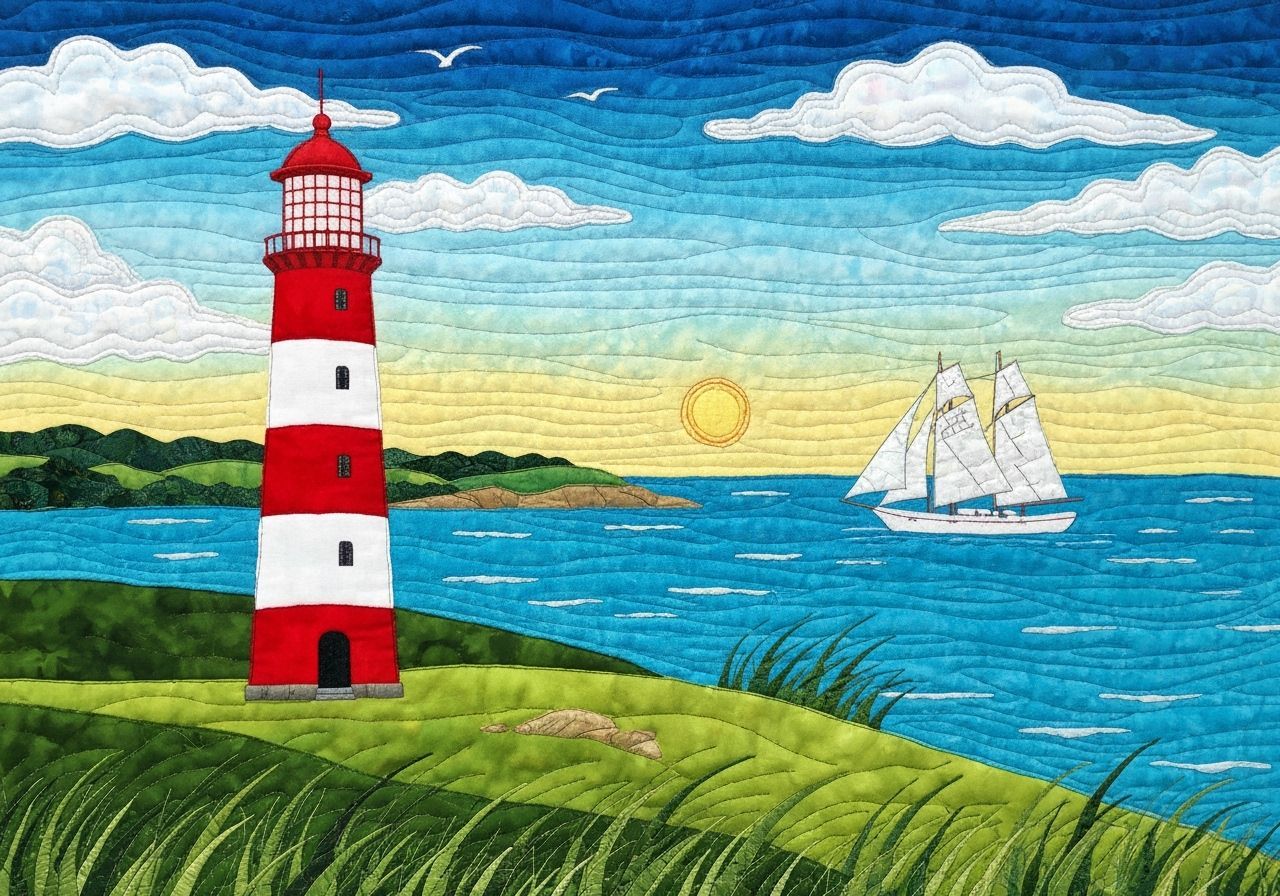 Lighthouse Art Quilt with Yacht and Clouds