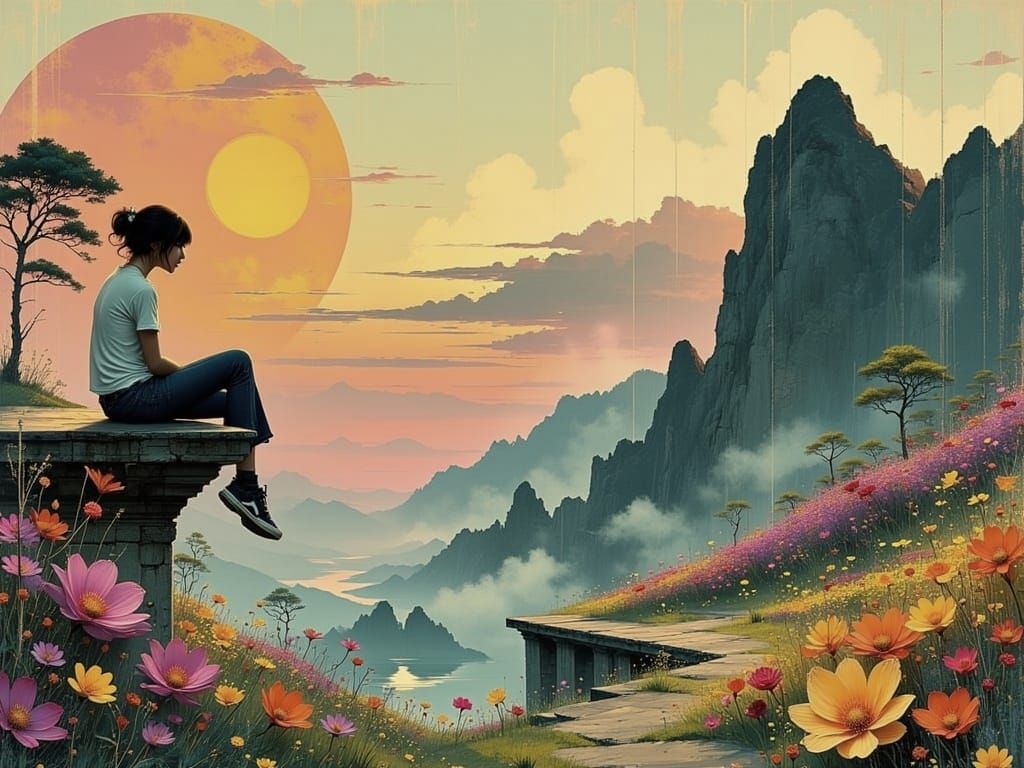 Fantasy Japanese Woman Contemplates Sunset Landscape