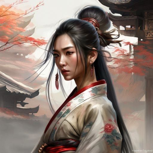 Beautiful Asian Woman in Romantic Dark Art Style