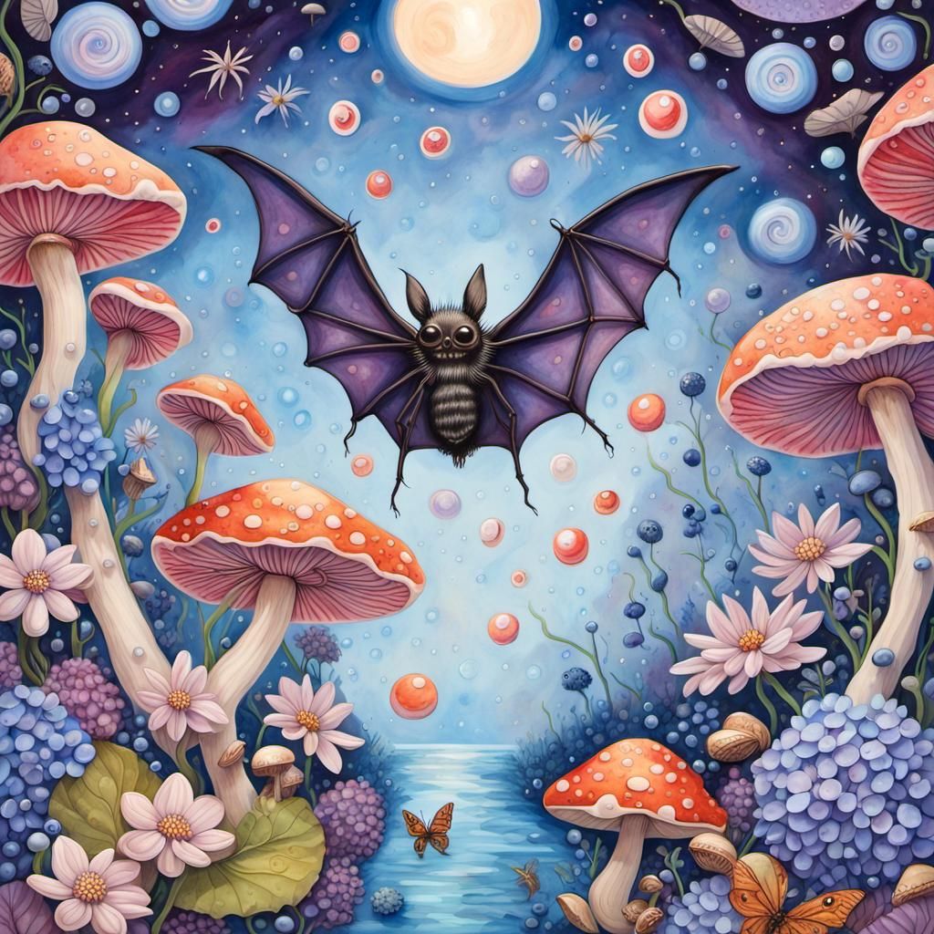 Bat in Candyland Wonderland with Vibrant Gouache Swirls