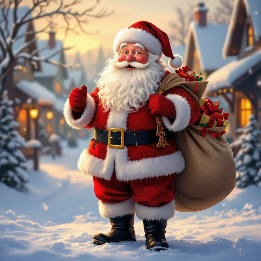 Jolly Kris Kringle in Snowy Village at Golden Hour