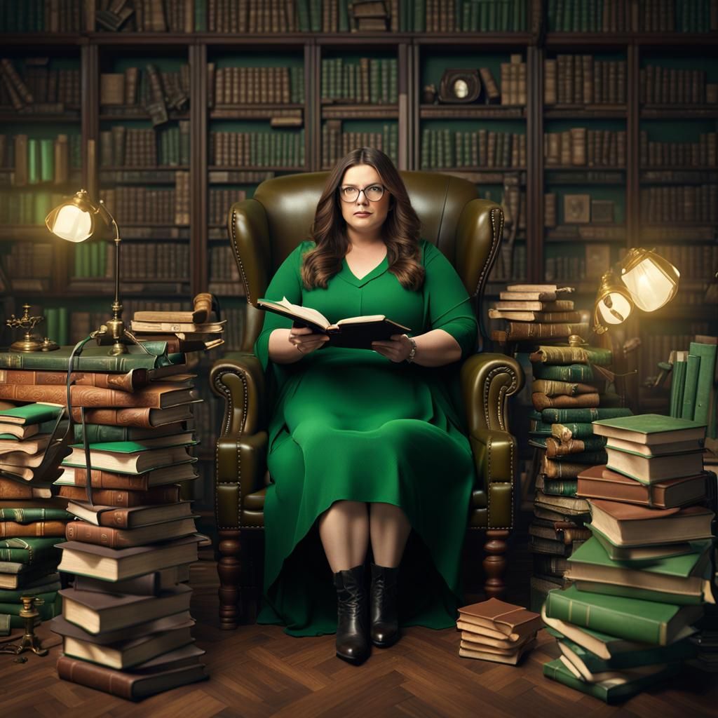 Female Professor Surrounded by Books, Detailed Matte Paintin...