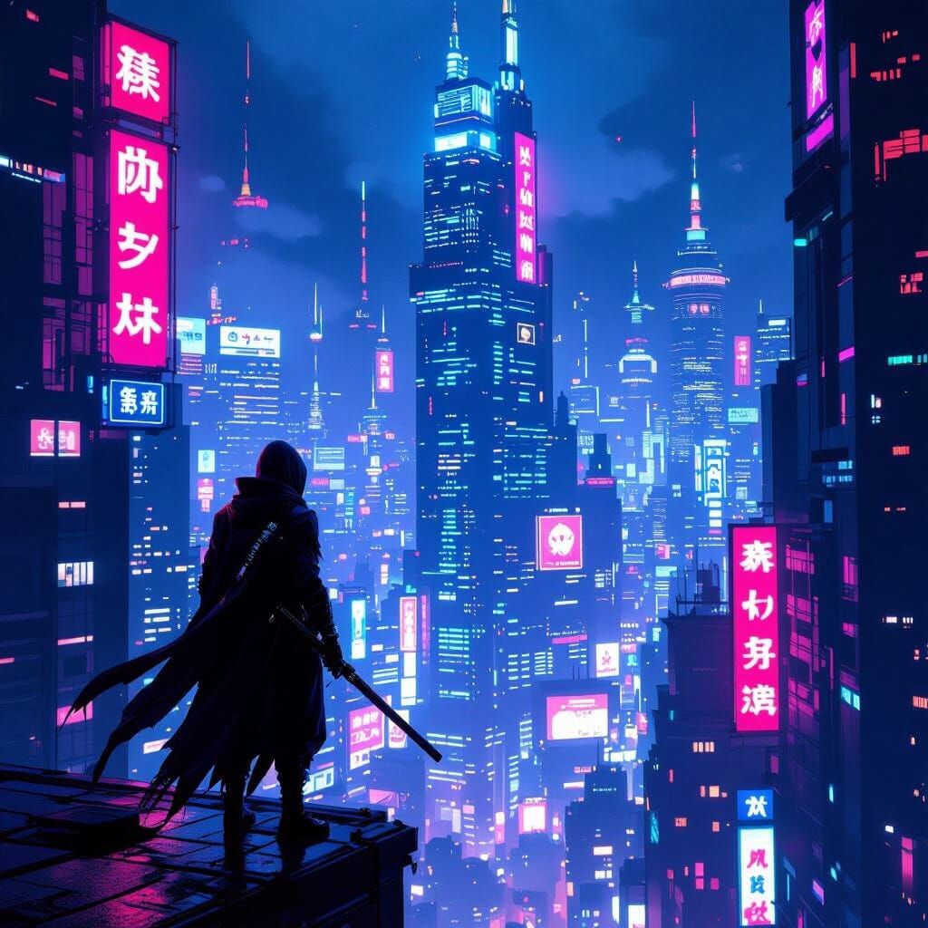 Cyber Ninja on Skyscraper Edge in Neon Metropolis