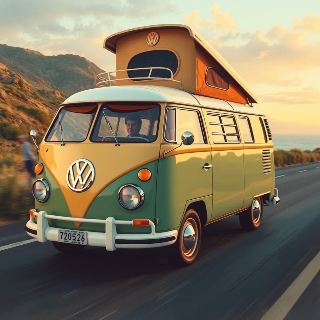Vintage VW Camper Van on Coastal Road Art