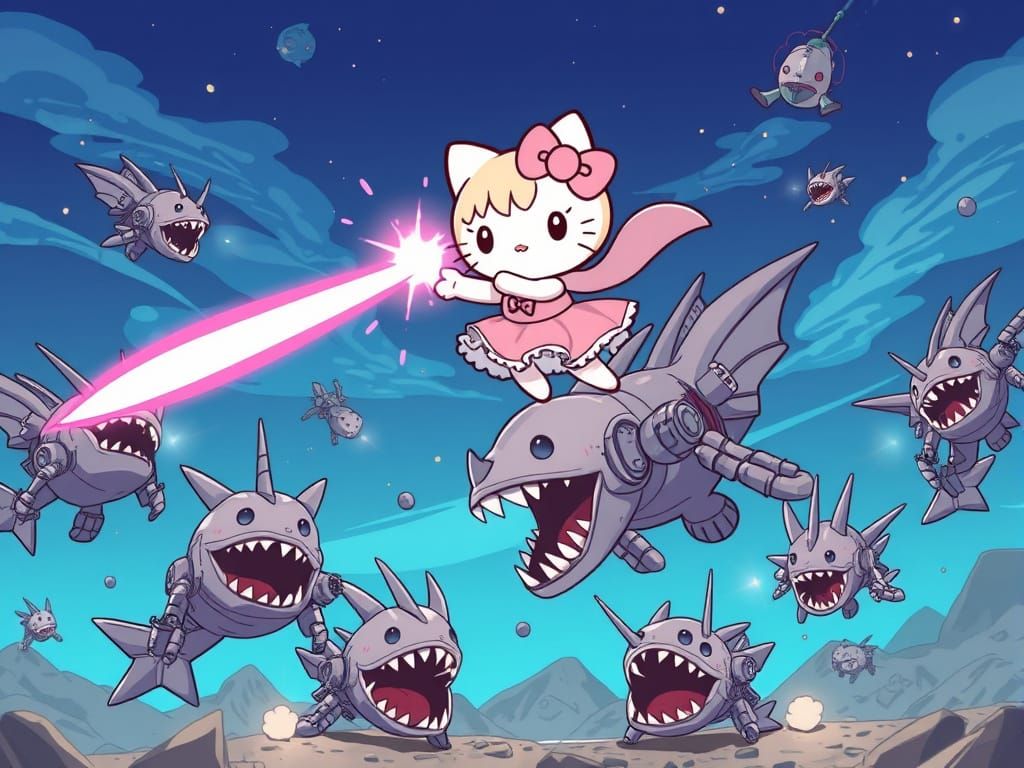 Chibi Kitty Anime Battle Against Mecha Fish Robots