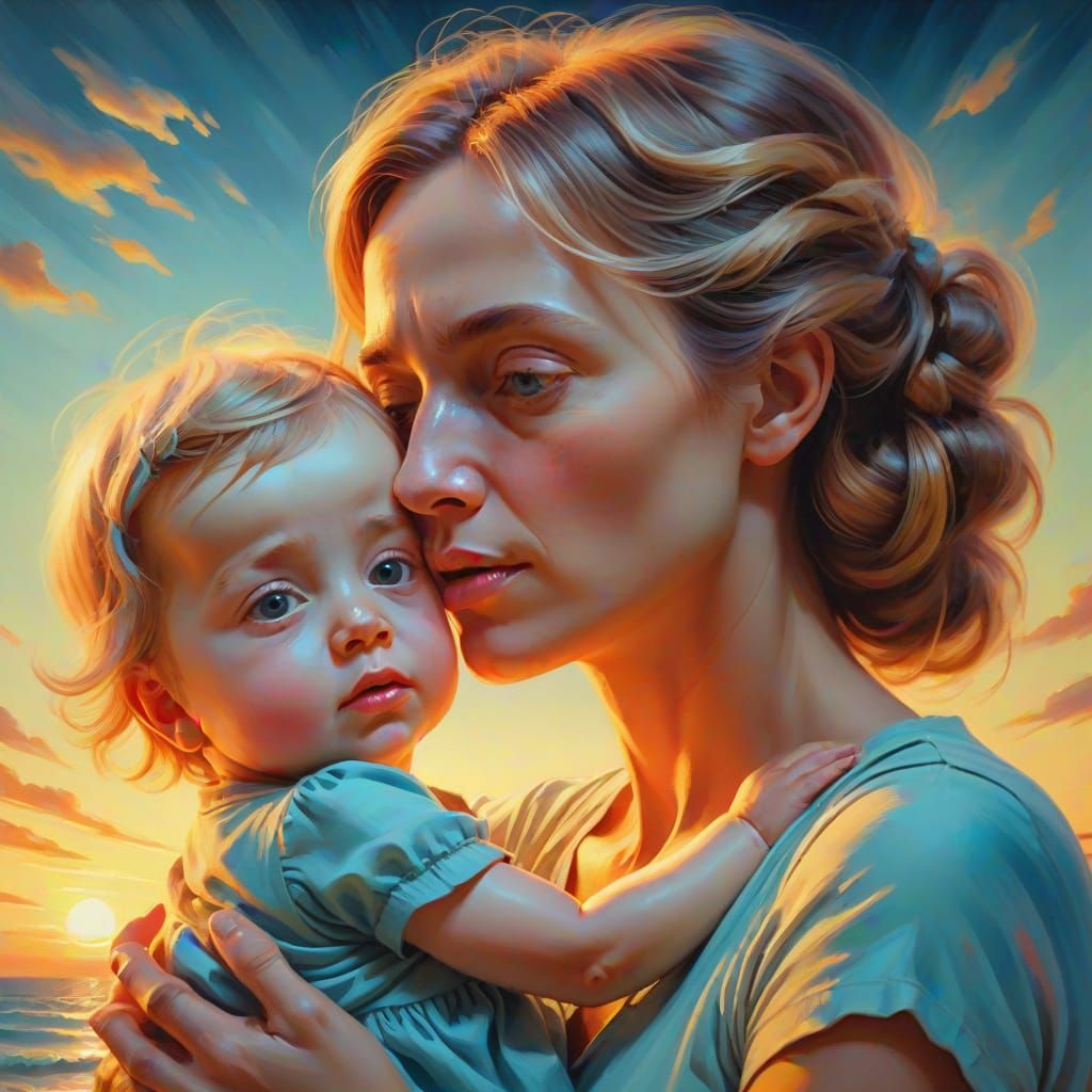 Surreal Motherly Love in Vibrant Oil Painting