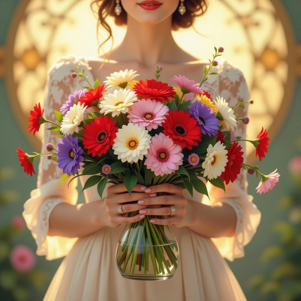 Woman with Flower Bouquet in Art Nouveau Style