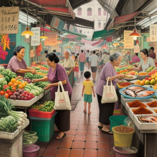 Bustling Singapore Wet Market Charcoal Drawing