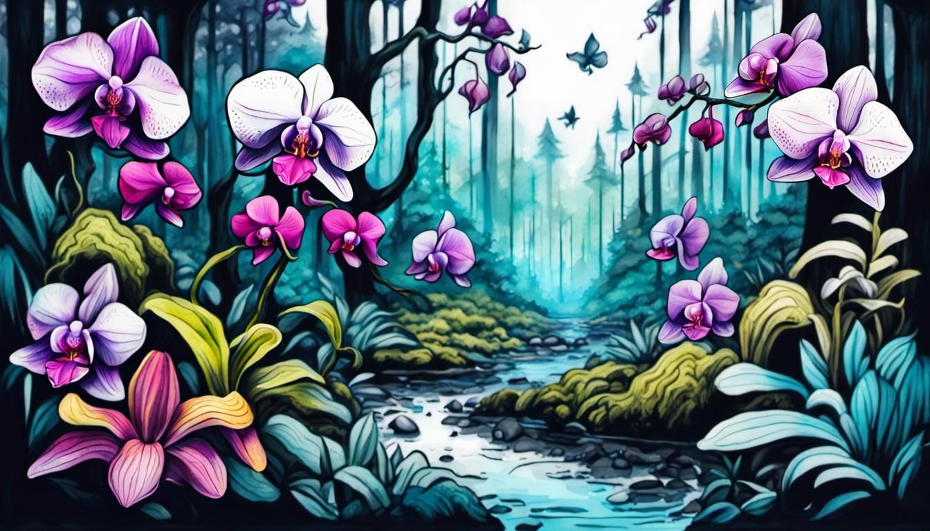 Orchids Bloom in an Ink-Drawn Fantasy Landscape