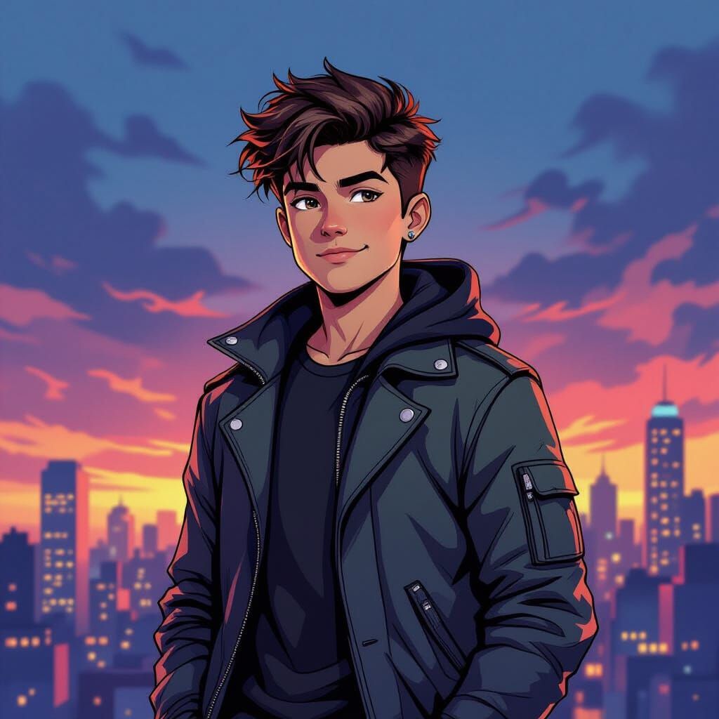 Cool Kid Hero in Vibrant Cityscape at Dusk