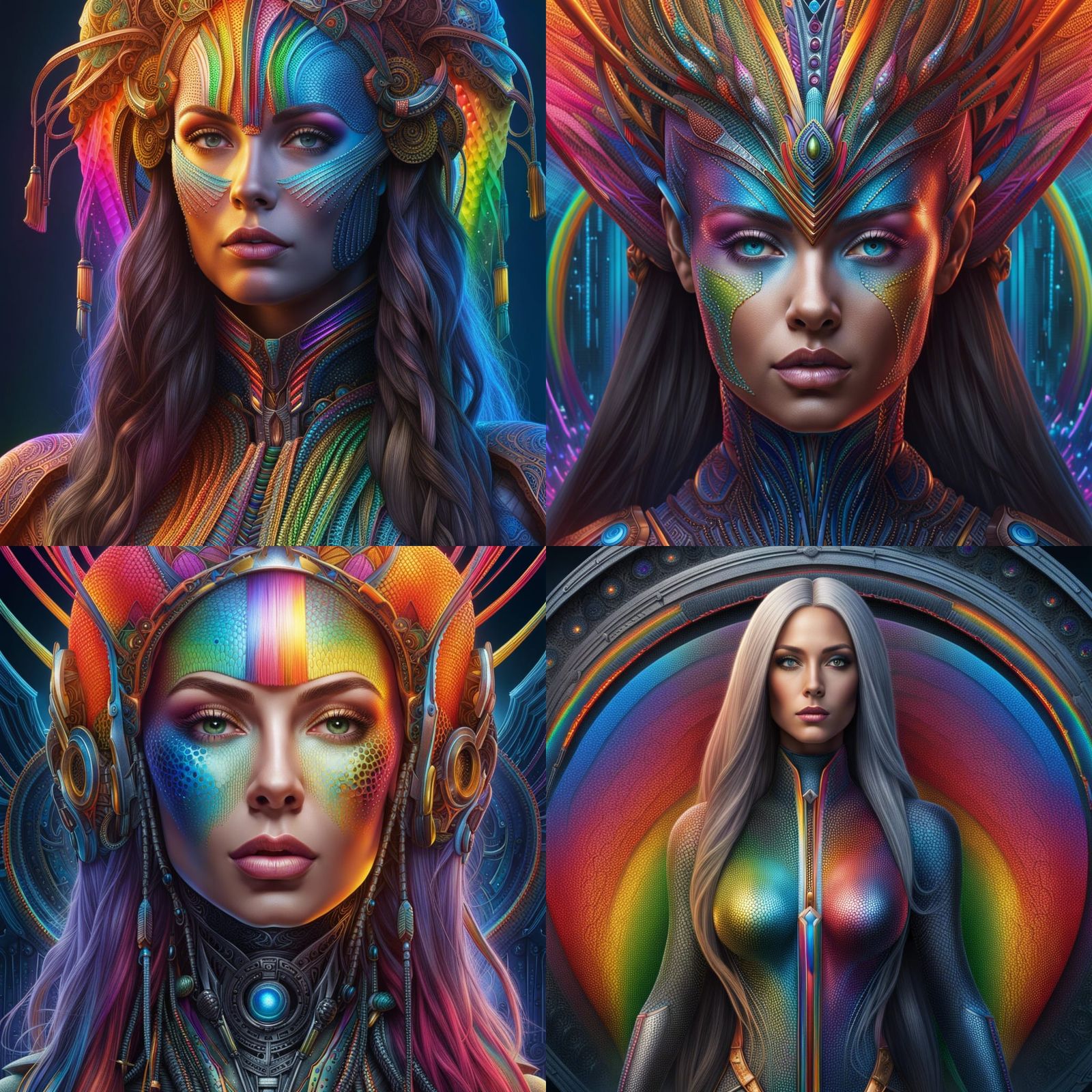 Hyperrealistic Cyborg Woman with Rainbow Hair in Cyberpunk S...