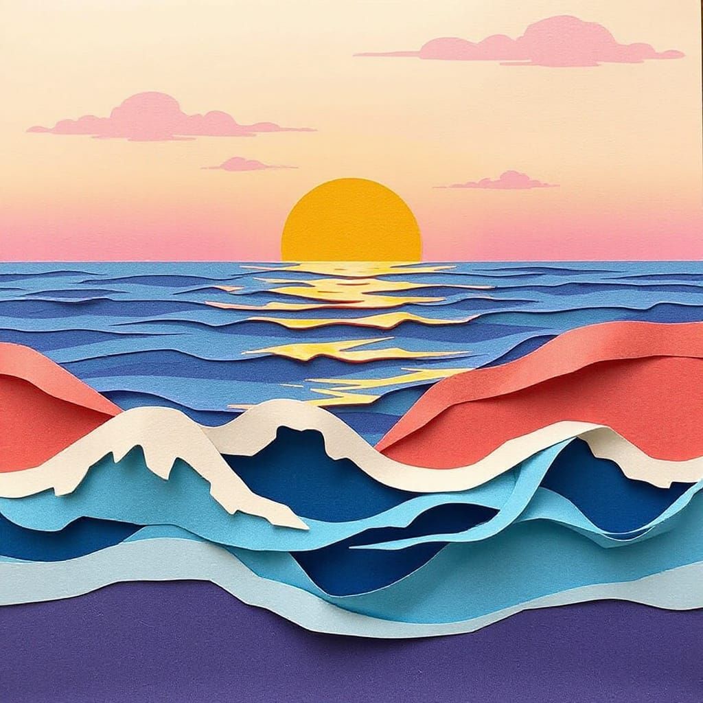 Papercraft Ocean Sunset in Surrealist Style
